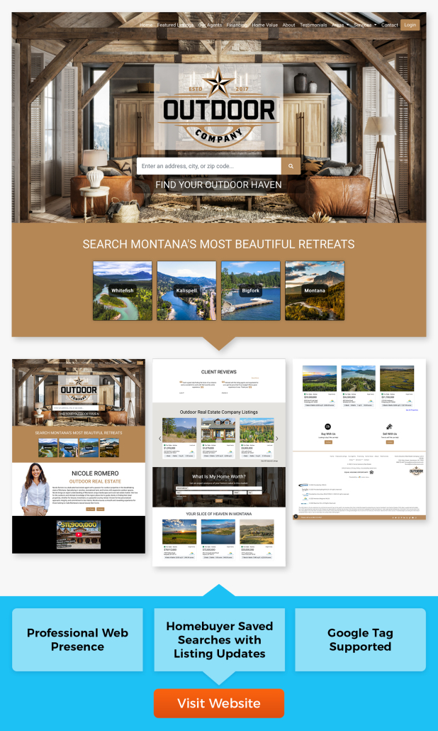 Professional web presence, homebuyer saved searches with listing updates, Google Tag is supported